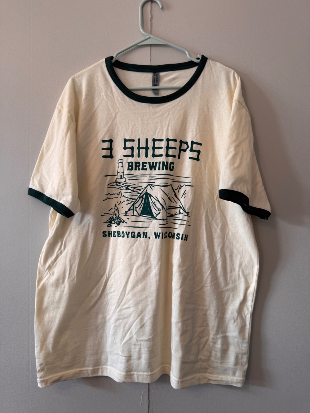 3Sheeps Brewing, Cream Ringer T‑Shirt with Dark Green Trim, XL